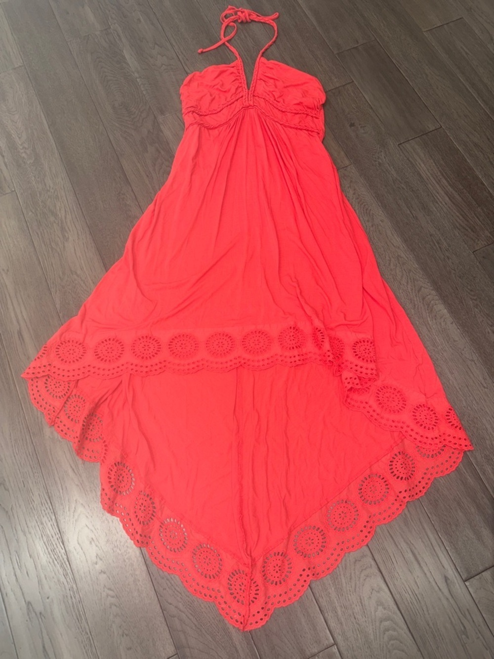 Venus Halter Maxi high low Dress in red with crochet like trim